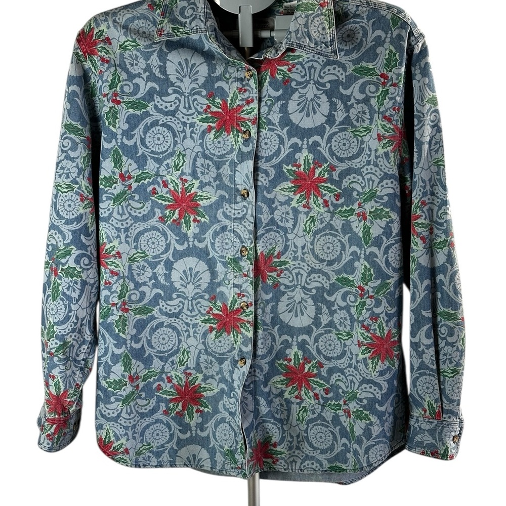 Vintage Westbound Christmas Denim Shirt  Button Up Poinsettia, Retro